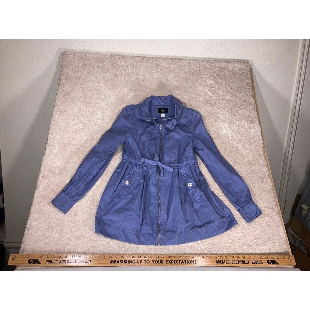 H&M Blue Cotton Utility Jacket Womens Size 12 Full Zip Drawstring Waist